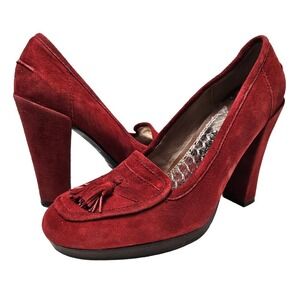 Sam Edelman‎ 90s Y2K Heeled Loafers Suede Kiltie Tassel Stacked Heel Shoes 7 Red